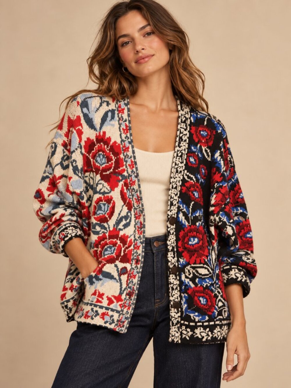 NWT Farm Rio Mixed Valentina Black Floral Knit Cardigan M